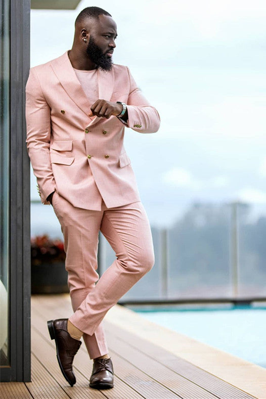 Chic Double Breasted Peak Lapel Pink Men’s Prom Suits