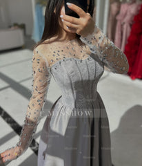 Chic Dusty Blue Long A-Line Sweetheart Long-Sleeve Formal Dress with Rhinestones and Ruffles