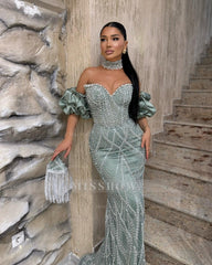 Chic Dusty Sage Mermaid Sweetheart Sleeveless Beaded Long Prom Dress With Rhinestones