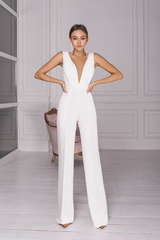 Chic Elegant White Backless Deep V-Neck Daily Women's Jump Suit