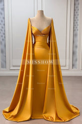 Chic Gold Column V-Neck Cap Sleeves Ruffles Beaded Sweep Train Satin Evening Dresses