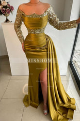 Chic Gold Mermaid Strapless Off-The-Shoulder Sequined Long Sleeves Ruffle Panel Train Satin Prom Dresses
