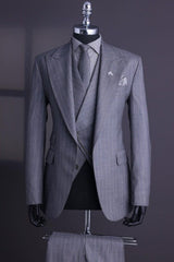 Chic Gray Striped Peaked Lapel Three-Piece Business Suit