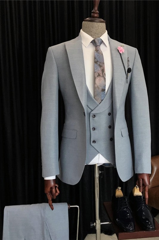 Chic Gray Three-Piece Peaked Lapel Men's Business Suit