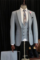 Chic Gray Three-Piece Peaked Lapel Men's Business Suit