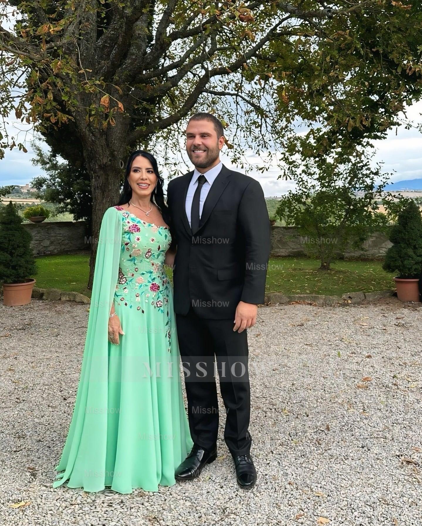 Chic Green A-Line One-Shoulder Cap Sleeve Embroidery Chiffon Floor-Length Mother of the Bride Dress