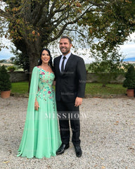 Chic Green A-Line One-Shoulder Cap Sleeve Embroidery Chiffon Floor-Length Mother of the Bride Dress