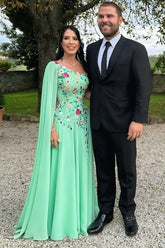 Chic Green A-Line One-Shoulder Cap Sleeve Embroidery Chiffon Floor-Length Mother of the Bride Dress