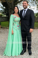 Chic Green A-Line One-Shoulder Cap Sleeve Embroidery Chiffon Floor-Length Mother of the Bride Dress