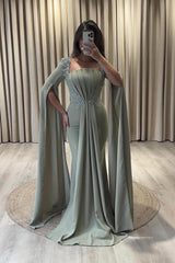 Chic Green Mermaid Strapless Cap Sleeves Beaded Ruffle Long Chiffon Evening Dress
