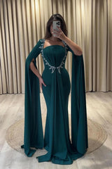 Chic Green Mermaid Strapless Cap Sleeves Beaded Ruffle Long Chiffon Evening Dress