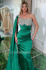 Chic Green Mermaid Strapless One-Shoulder Beaded Cap Sleeve Ruffle Long Satin Prom Dresses With Appliques