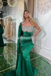 Chic Green Mermaid Strapless One-Shoulder Beaded Cap Sleeve Ruffle Long Satin Prom Dresses With Appliques