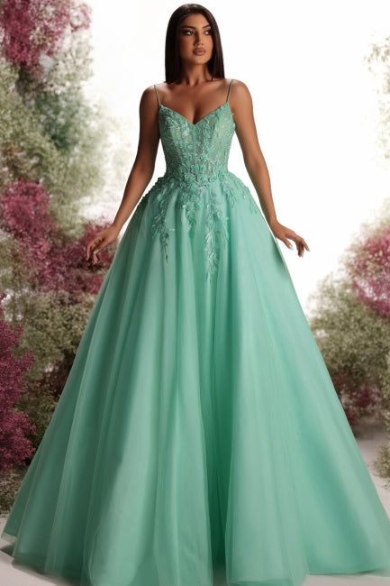 Chic Green V-Neck A-Line Spaghetti Strap Sleeveless Ball Gown 3D Flowers Tulle Prom Dresses