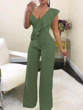 Chic Green V-Neck Slim Fit Daily Jump Suit With Ruffles