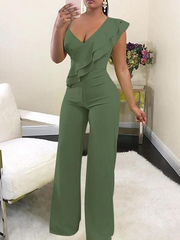 Chic Green V-Neck Slim Fit Daily Jump Suit With Ruffles