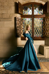 Chic Ink Blue A-Line V-Neck Off-The-Shoulder Ruffles Beaded Satin Prom Dress With High Slit