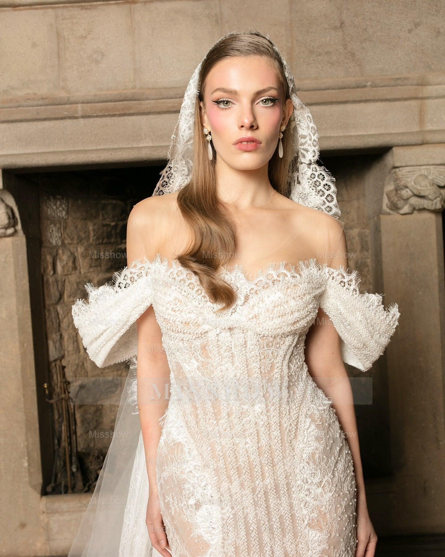 Chic Ivory Column Strapless Lace Off-The-Shoulder Beaded Sleeveless Wedding Dress With Slit