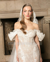 Chic Ivory Column Strapless Lace Off-The-Shoulder Beaded Sleeveless Wedding Dress With Slit