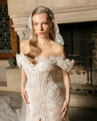 Chic Ivory Column Strapless Lace Off-The-Shoulder Beaded Sleeveless Wedding Dress With Slit