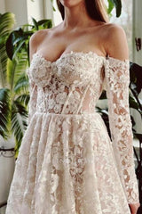 Chic Long A-line Off-the-shoulder Lace Beading Wedding Dress with Long Sleeves