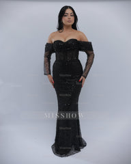 Chic Long Black Off-The-Shoulder Beaded Mermaid Evening Dress with Sequins and Detachable Sleeves