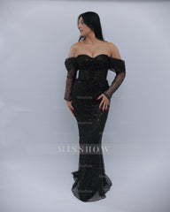 Chic Long Black Off-The-Shoulder Beaded Mermaid Evening Dress with Sequins and Detachable Sleeves