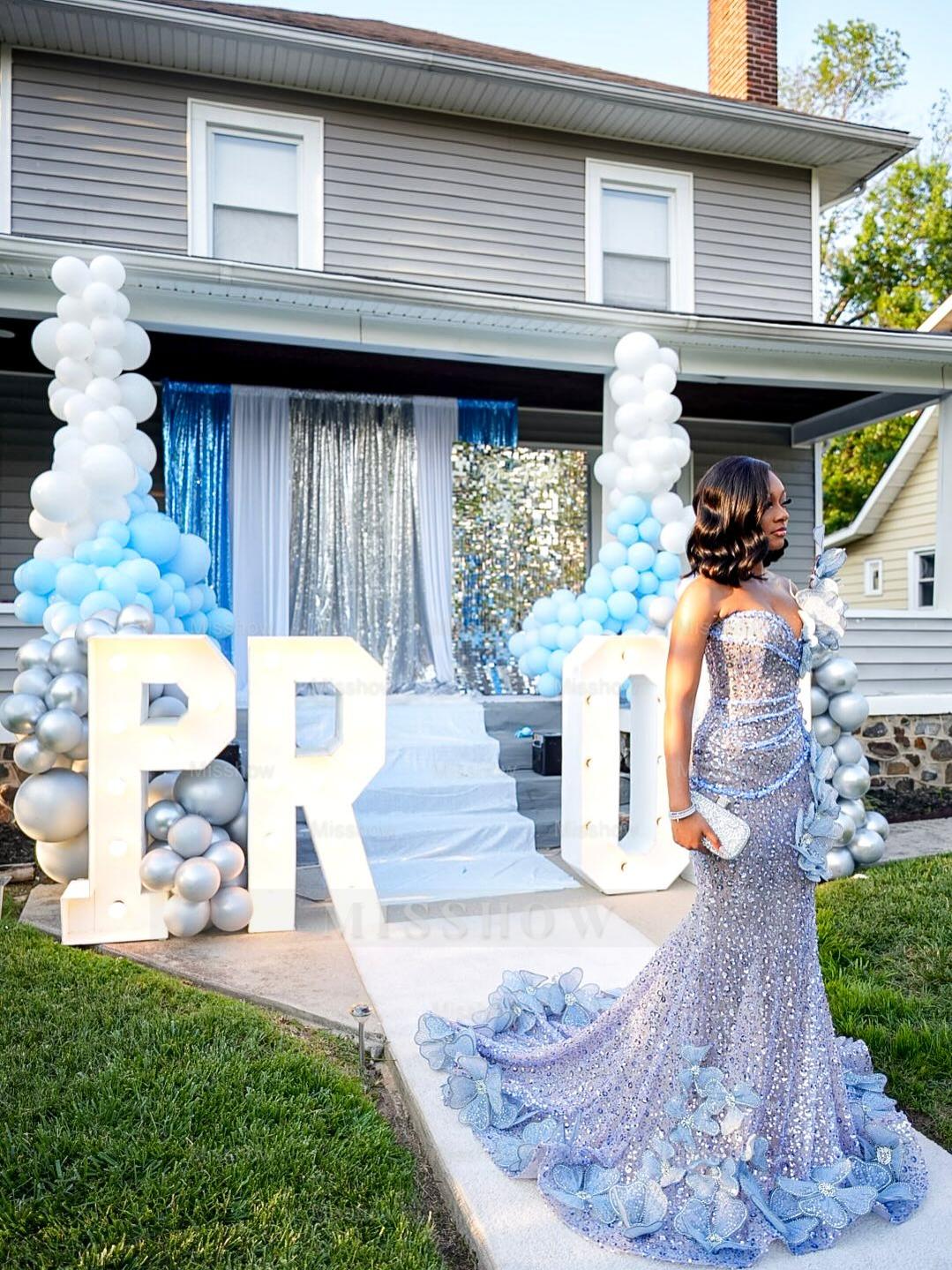 Chic Long Blue Sleeveless Mermaid Sequined Prom Dress with Rhinestones and 3D Flowers