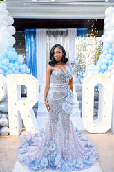 Chic Long Blue Sleeveless Mermaid Sequined Prom Dress with Rhinestones and 3D Flowers