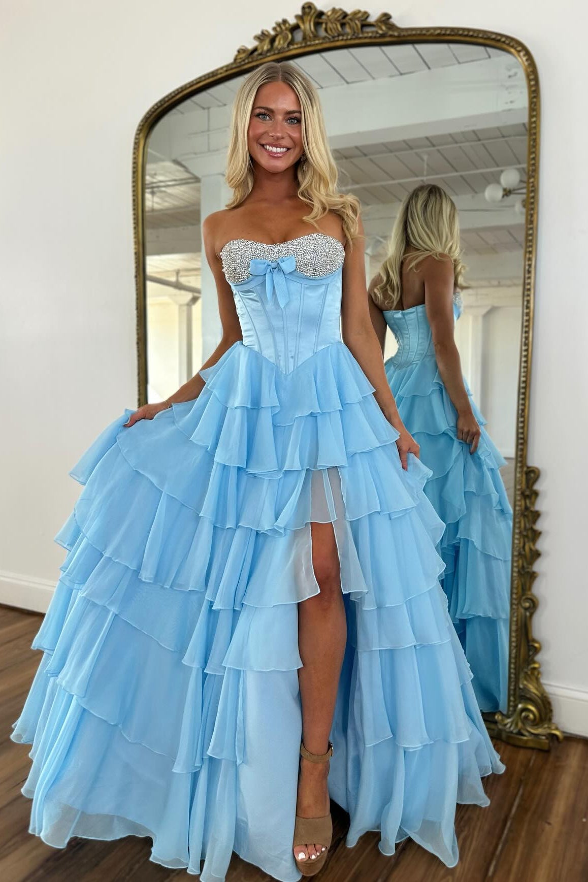 blue dress for baby girl Chic Long Blue Strapless A-line Beaded Prom Dress with Slit