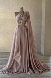 Chic Long Dusty Pink High Neck Lace Prom Evening Dresses with Glitter