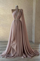 Chic Long Dusty Pink High Neck Lace Prom Evening Dresses with Glitter