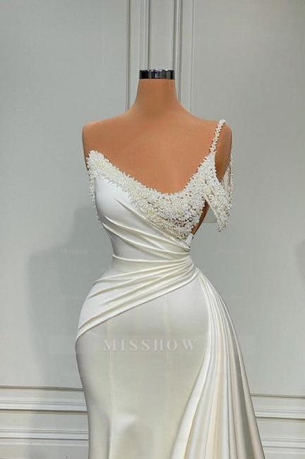 Chic Long Ivory Mermaid One Shoulder Sleeveless Wedding Dress with Pearls