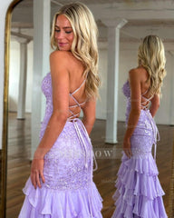 Chic Long Lilac V-neck Mermaid Lace Sleeveless Prom Dress with Slit