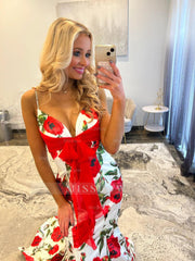 Chic Long Mermaid Speghetti Straps Floral V-neck Prom Dress