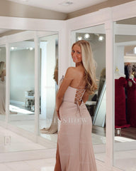Chic Long Pearl Pink Sweetheart Sleeveless Column Prom Dress with Rhinestones and Slit