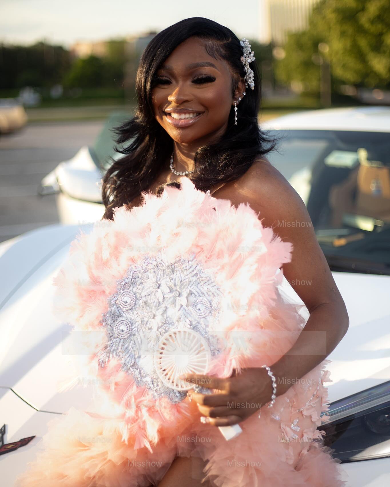 Chic Long Pearl Pink V-Neck Sleeveless Mermaid Prom Dress with Slit and Ruffles