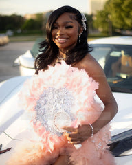 Chic Long Pearl Pink V-Neck Sleeveless Mermaid Prom Dress with Slit and Ruffles