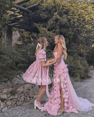 Chic Long Pink 3D Flowers Strapless Mermaid Prom Dress With Side Slit