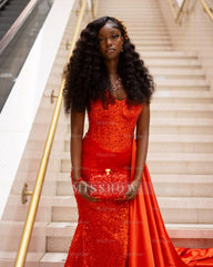Chic Long Red Sweetheart Sleeveless Mermaid Prom Dress with Rhinestones and Sequins