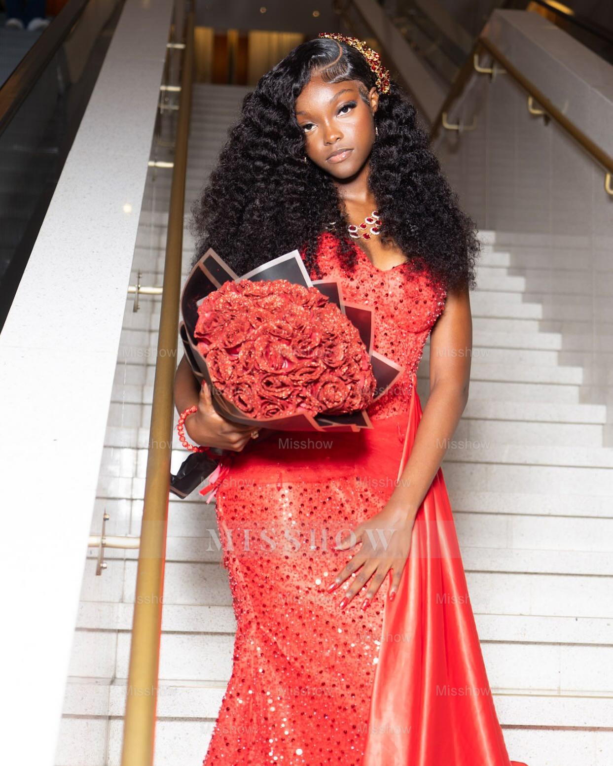 Chic Long Red Sweetheart Sleeveless Mermaid Prom Dress with Rhinestones and Sequins