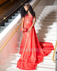 Chic Long Red Sweetheart Sleeveless Mermaid Prom Dress with Rhinestones and Sequins