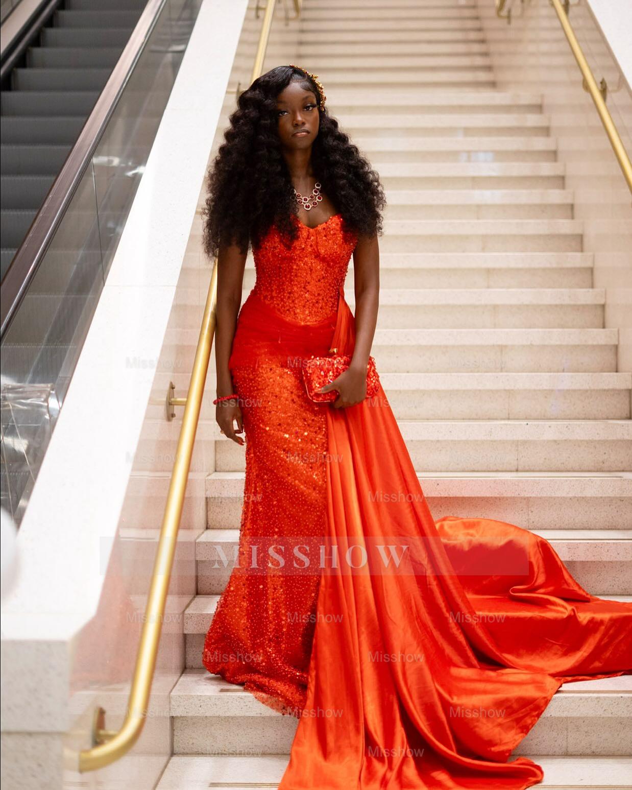 Chic Long Red Sweetheart Sleeveless Mermaid Prom Dress with Rhinestones and Sequins