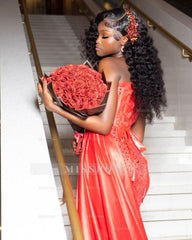 Chic Long Red Sweetheart Sleeveless Mermaid Prom Dress with Rhinestones and Sequins