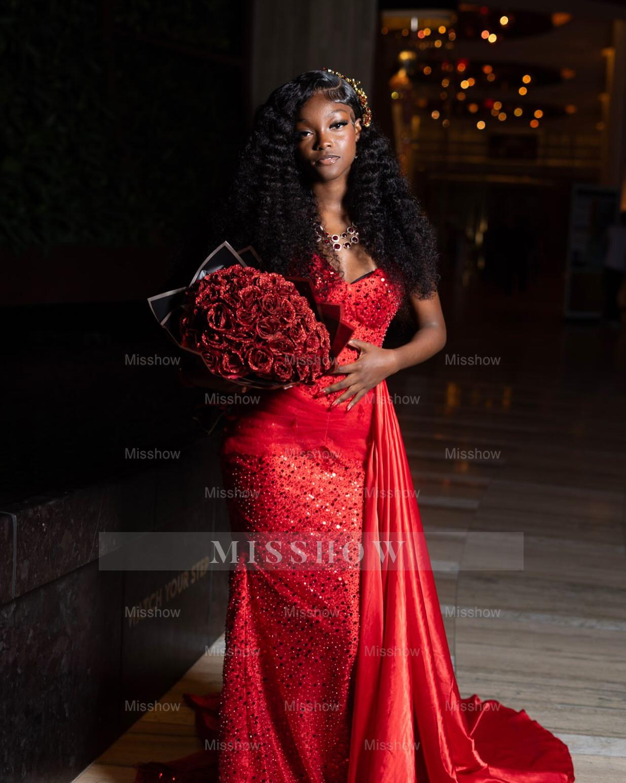 Chic Long Red Sweetheart Sleeveless Mermaid Prom Dress with Rhinestones and Sequins