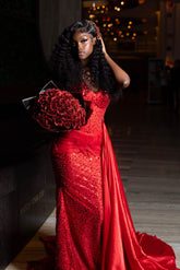 Chic Long Red Sweetheart Sleeveless Mermaid Prom Dress with Rhinestones and Sequins