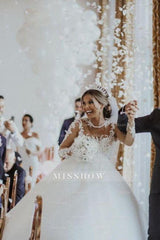 Chic Long White A-line Lace Tulle Wedding Dress with Long Sleeves