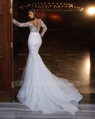 Chic Long White Mermaid Lace Beading Tulle Long Sleeves Wedding Dress