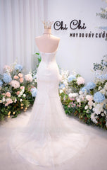Chic Long White Strapless Mermaid Beaded Sleeveless Wedding Dress
