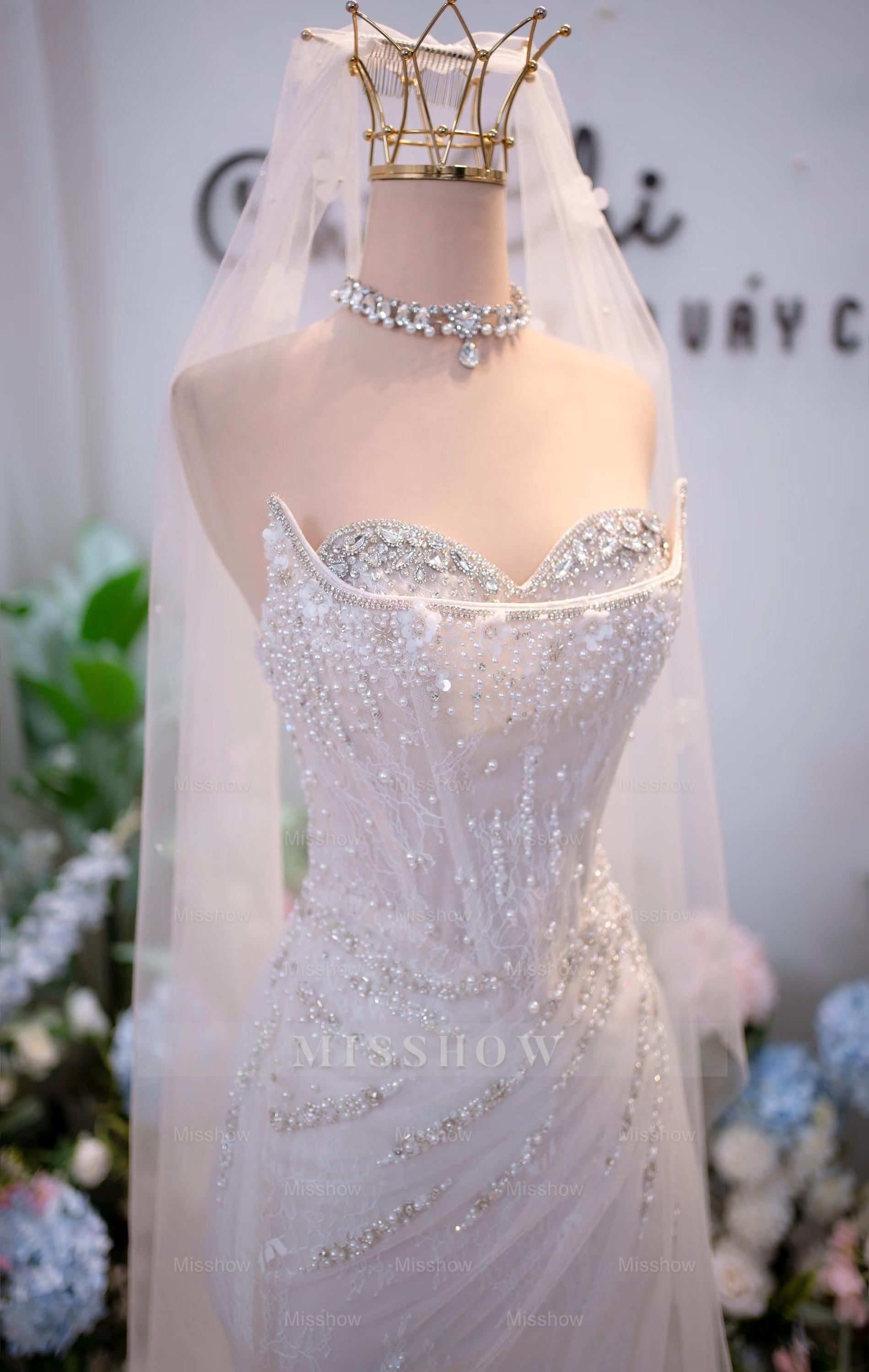 Chic Long White Strapless Mermaid Beaded Sleeveless Wedding Dress